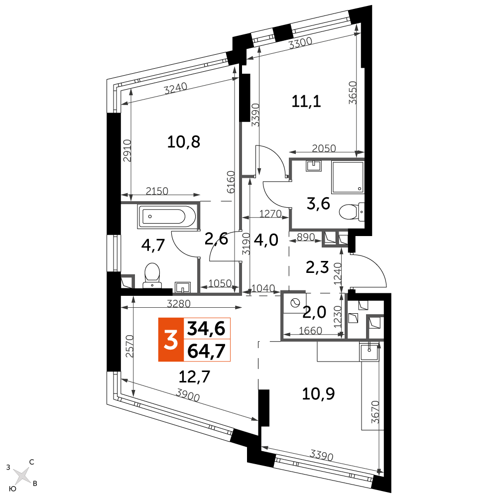 3 комн. квартира, 64.7 м², 3 этаж 