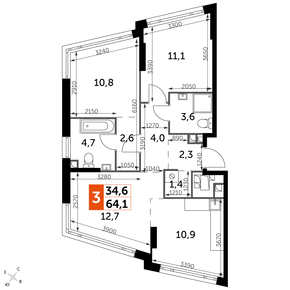 3 комн. квартира, 64.1 м², 24 этаж 