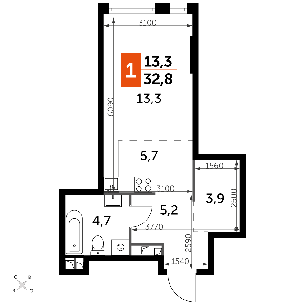 1 комн. квартира, 32.8 м², 3 этаж 