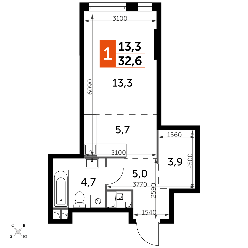 1 комн. квартира, 32.6 м², 16 этаж 