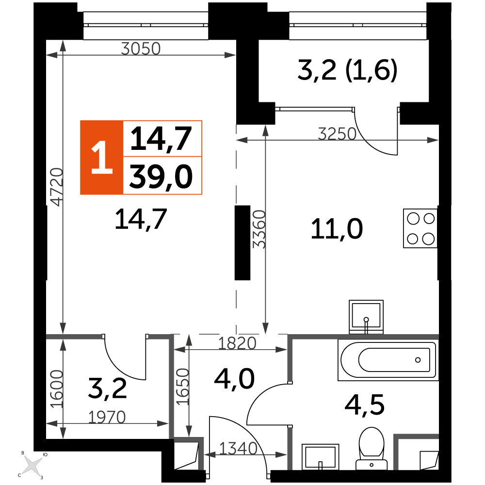 1 комн. квартира, 39 м², 17 этаж 