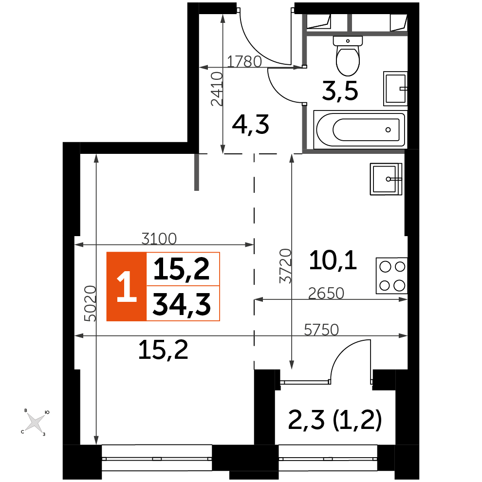 1 комн. квартира, 34.3 м², 16 этаж 