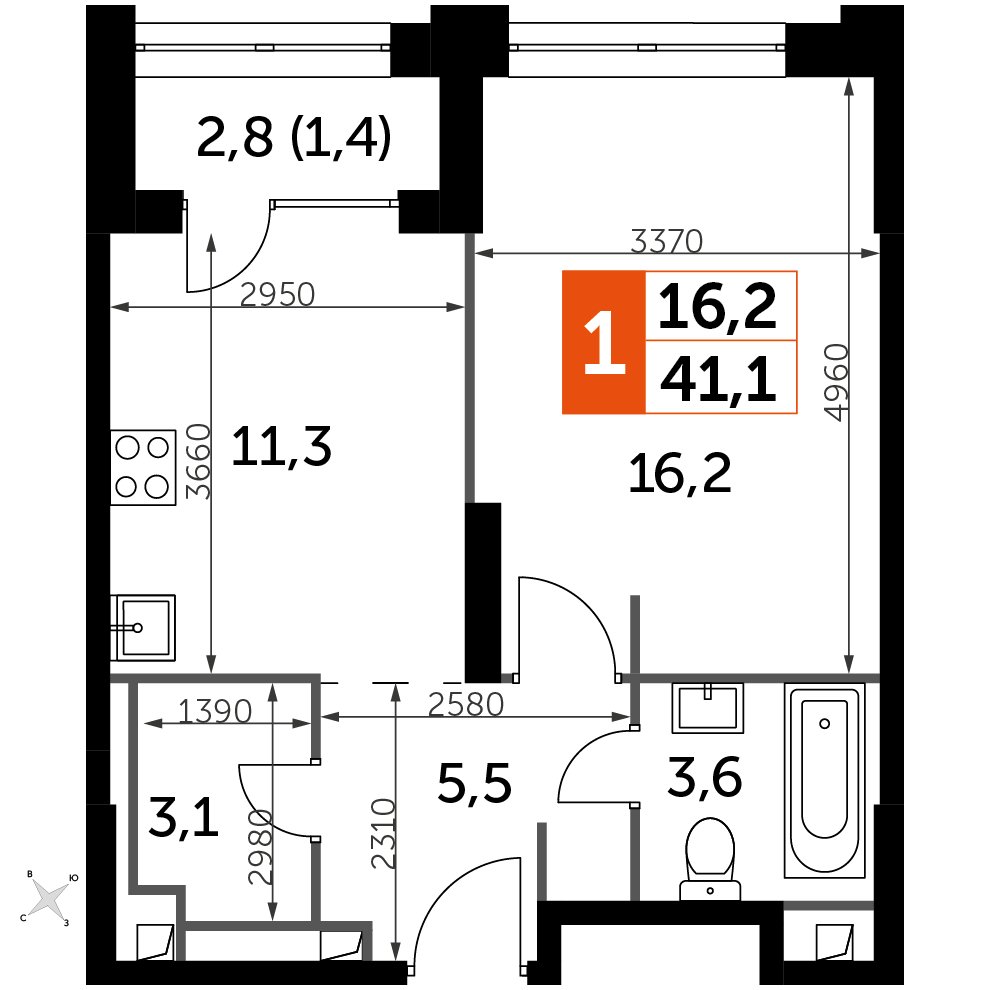 1 комн. квартира, 41.1 м², 20 этаж 