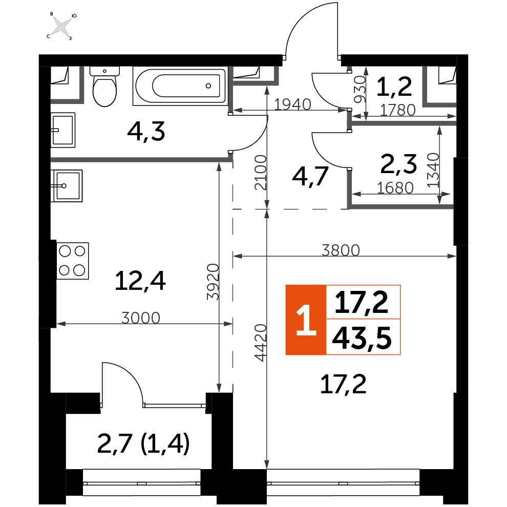 1 комн. квартира, 43.5 м², 20 этаж 