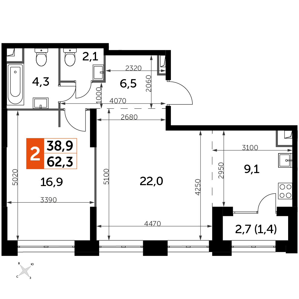 2 комн. квартира, 62.3 м², 21 этаж 