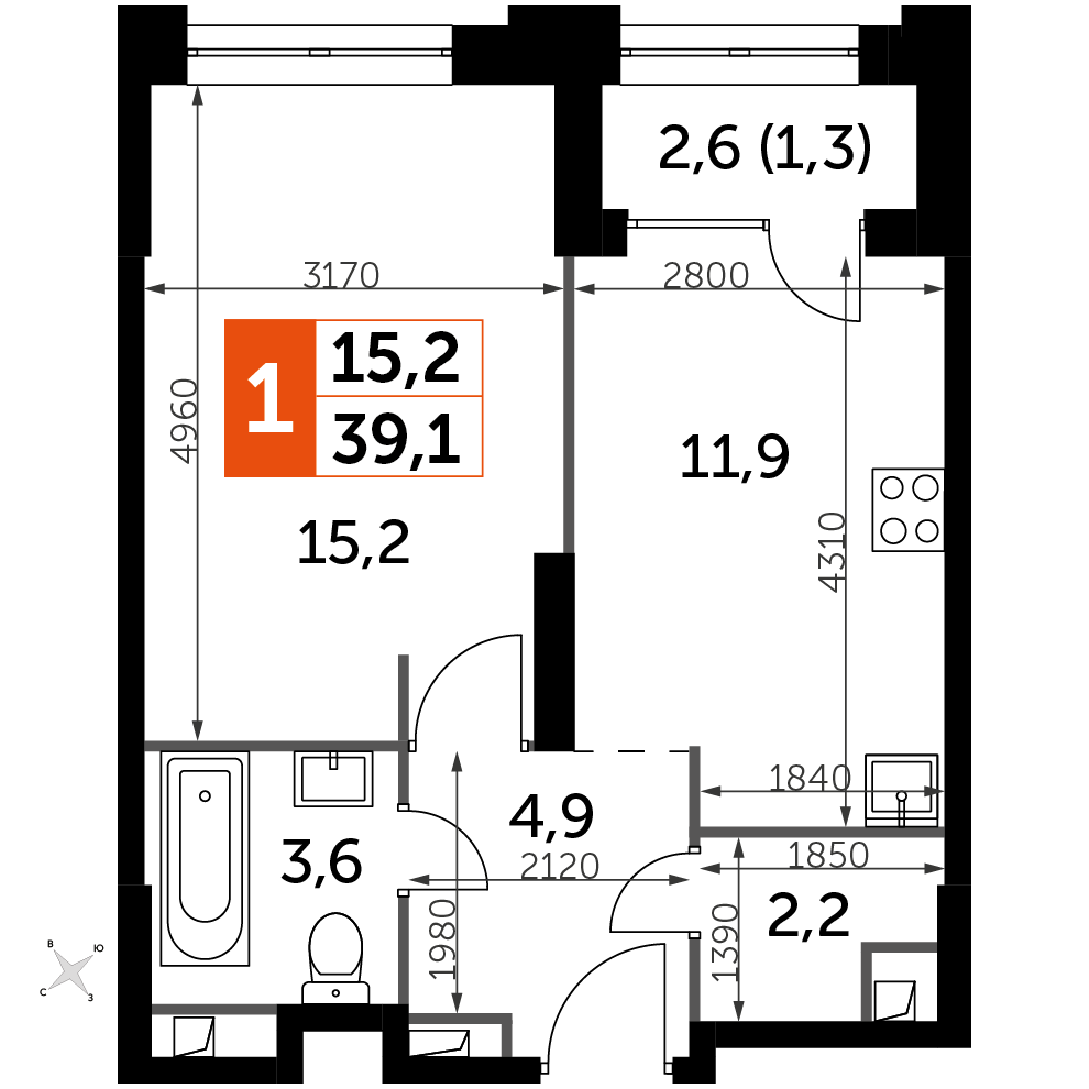 1 комн. квартира, 39.1 м², 13 этаж 