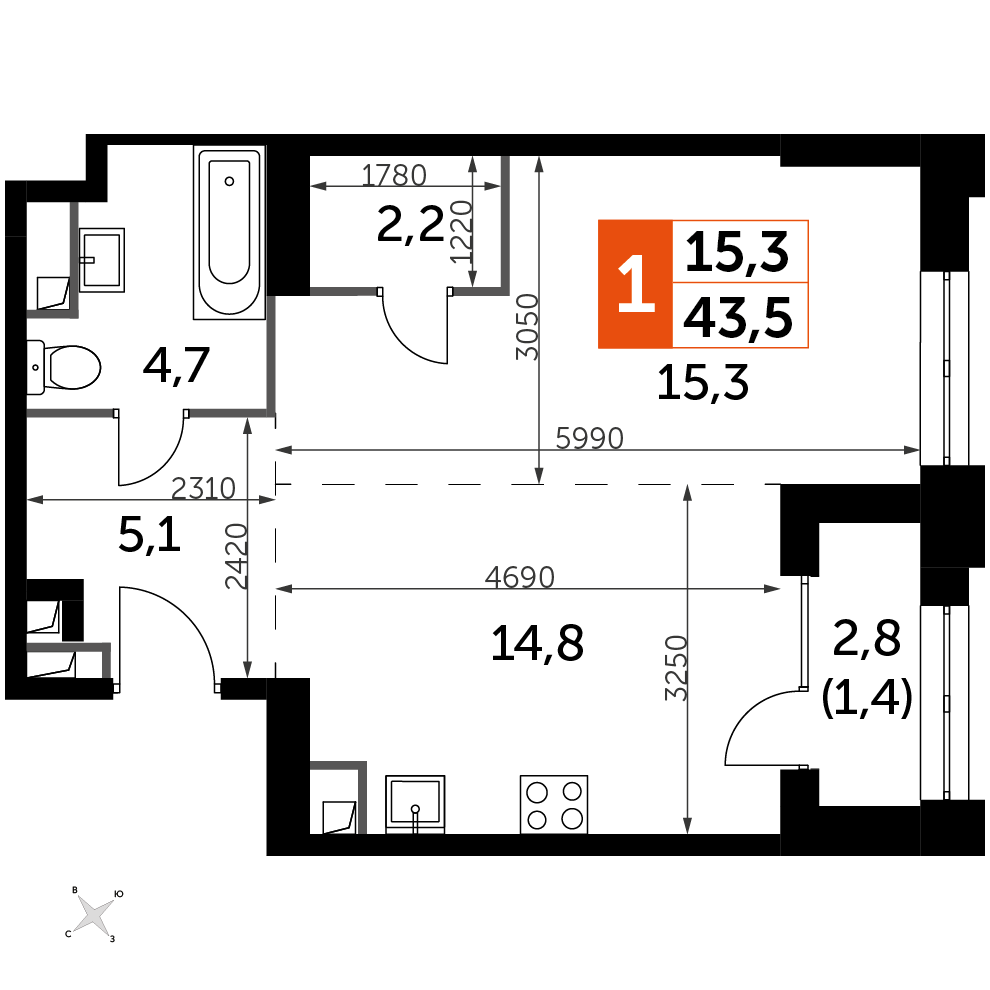 1 комн. квартира, 43.5 м², 8 этаж 
