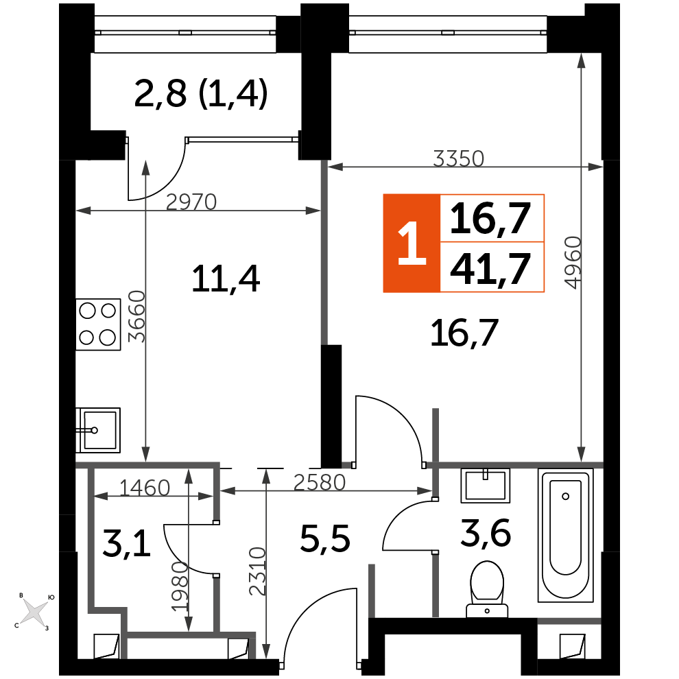 1 комн. квартира, 41.7 м², 26 этаж 
