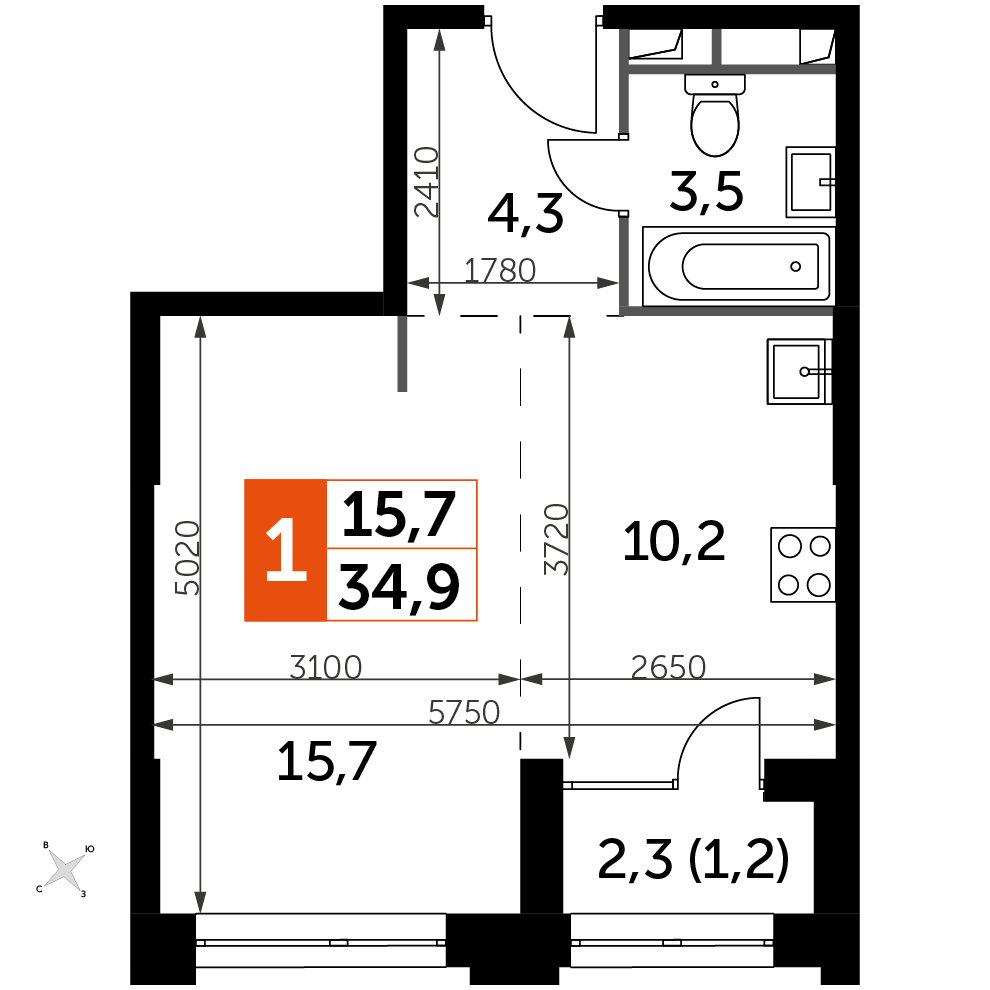 1 комн. квартира, 34.9 м², 26 этаж 
