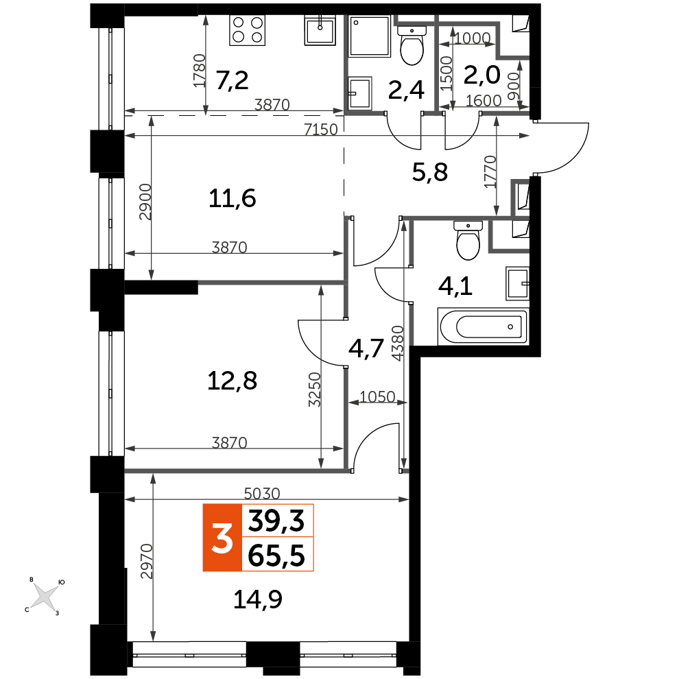 3 комн. квартира, 65.5 м², 27 этаж 