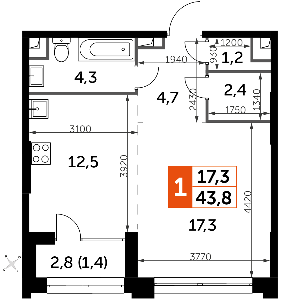 1 комн. квартира, 43.8 м², 28 этаж 