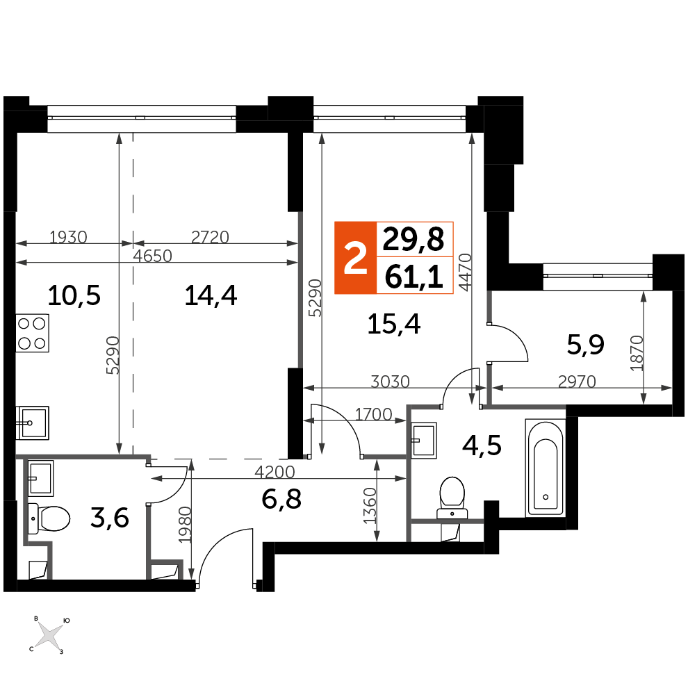 2 комн. квартира, 61.1 м², 24 этаж 