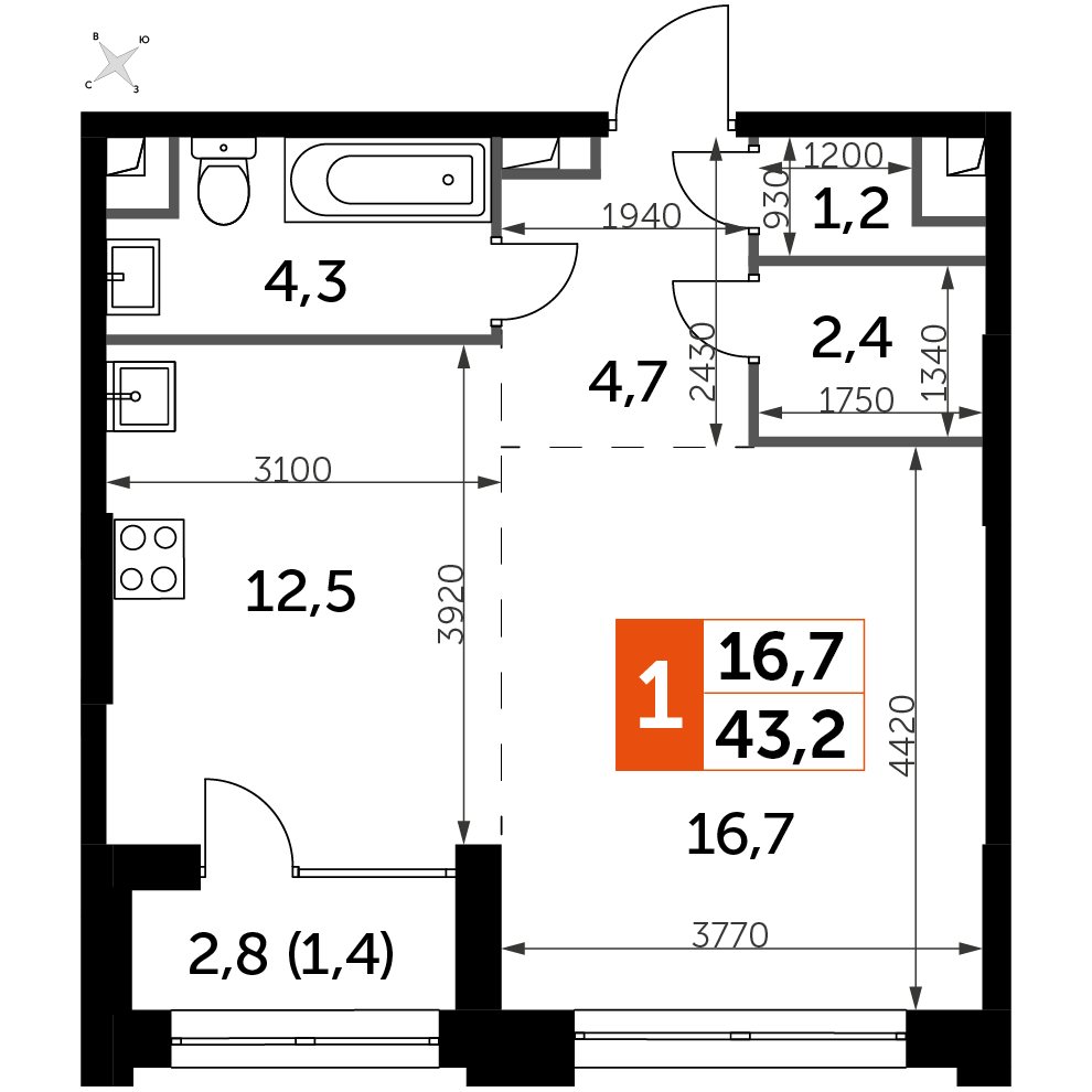 1 комн. квартира, 43.2 м², 24 этаж 