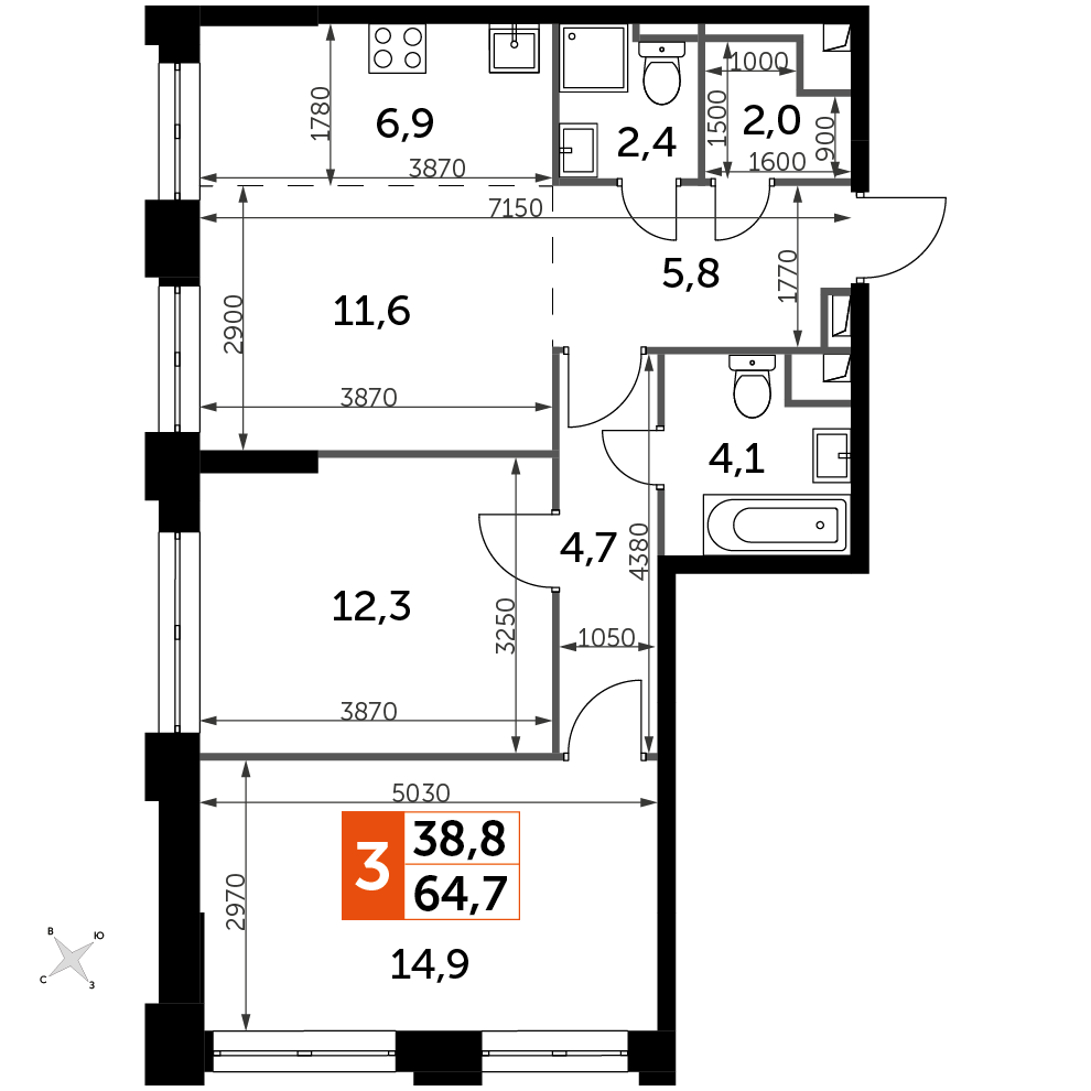 3 комн. квартира, 64.7 м², 24 этаж 