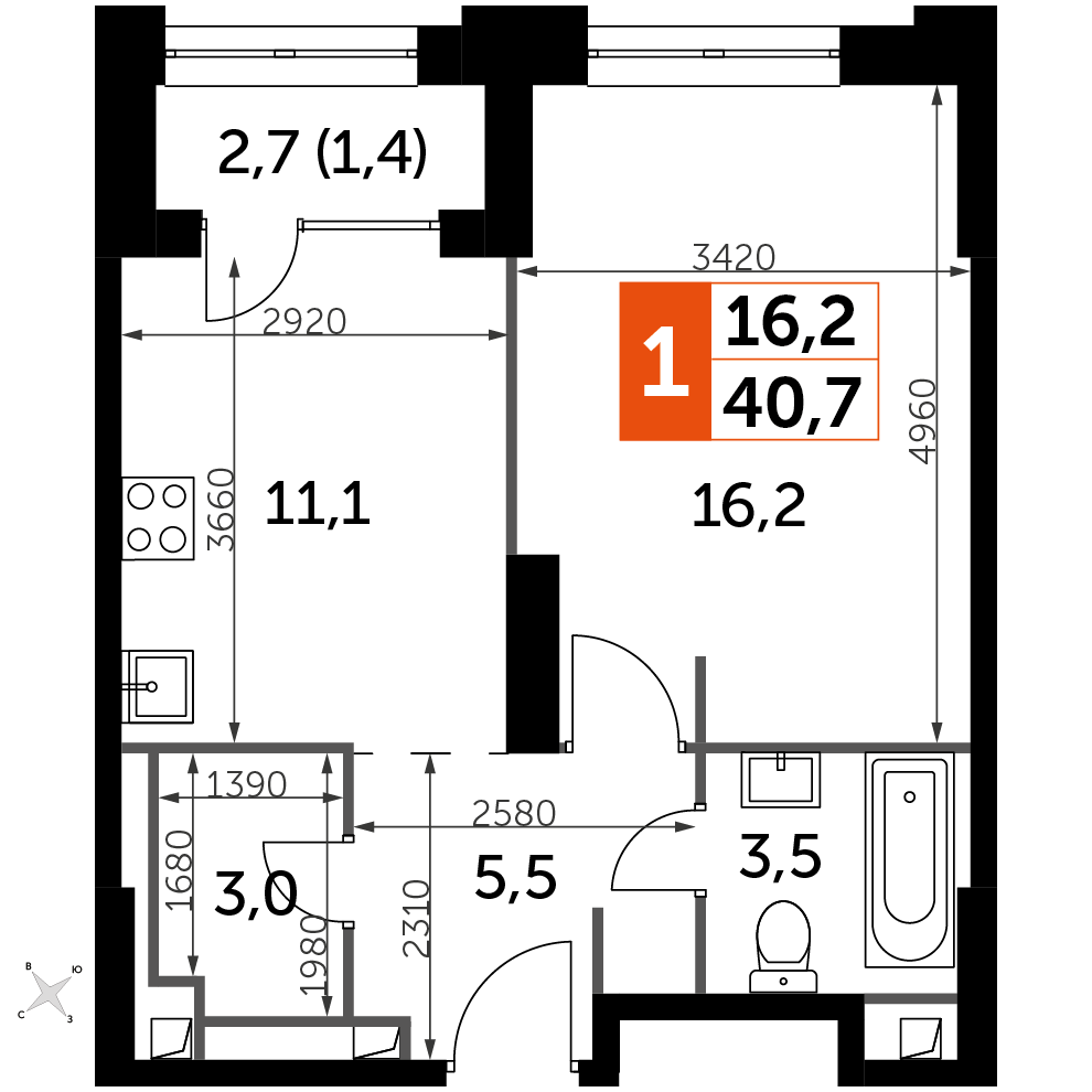 1 комн. квартира, 40.7 м², 9 этаж 