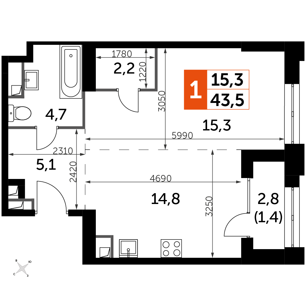 1 комн. квартира, 43.5 м², 9 этаж 