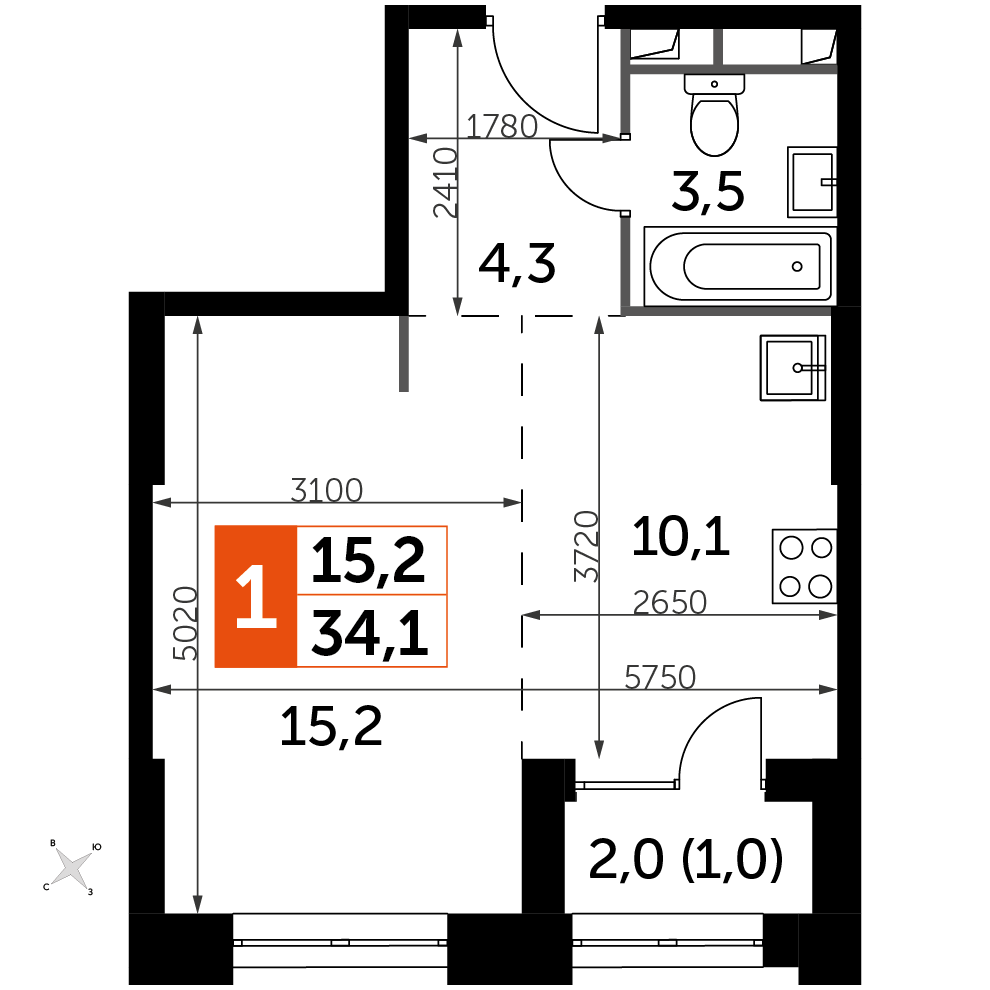1 комн. квартира, 34.1 м², 11 этаж 