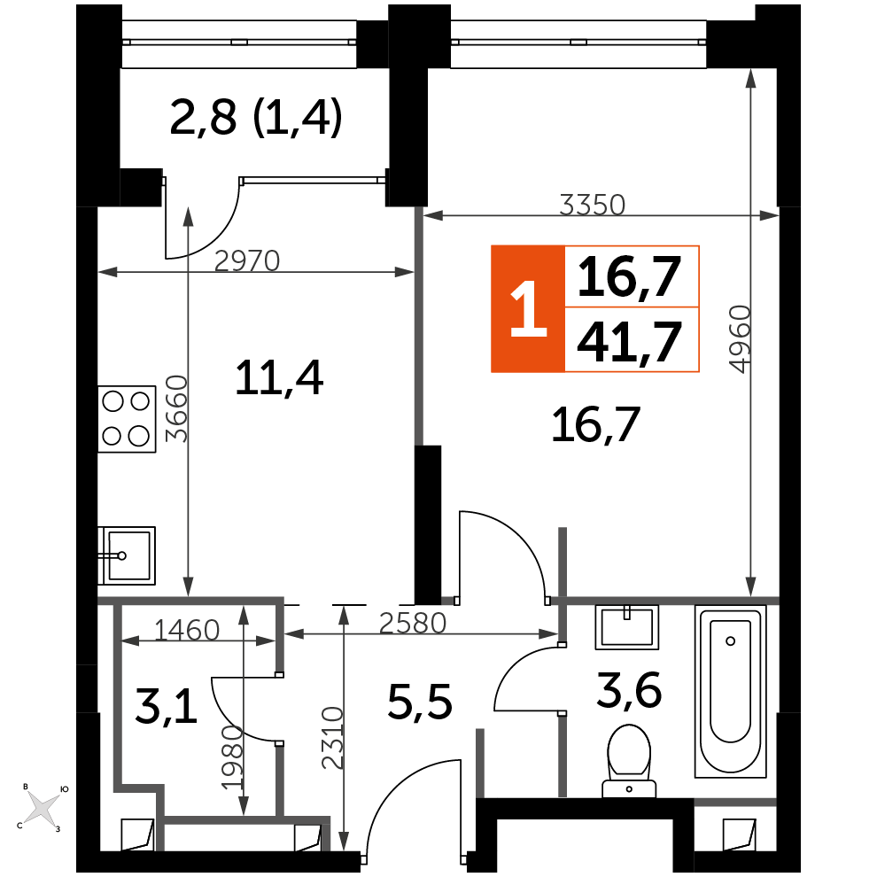 1 комн. квартира, 41.7 м², 29 этаж 
