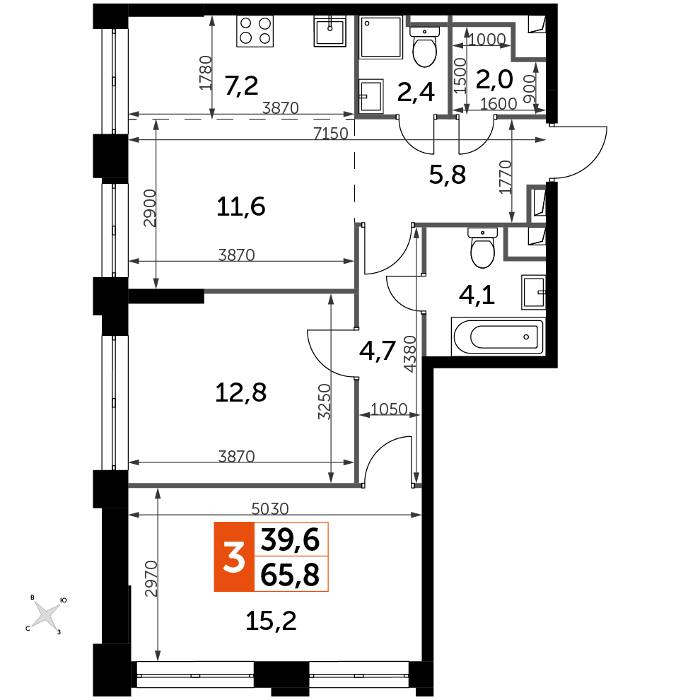3 комн. квартира, 65.8 м², 29 этаж 