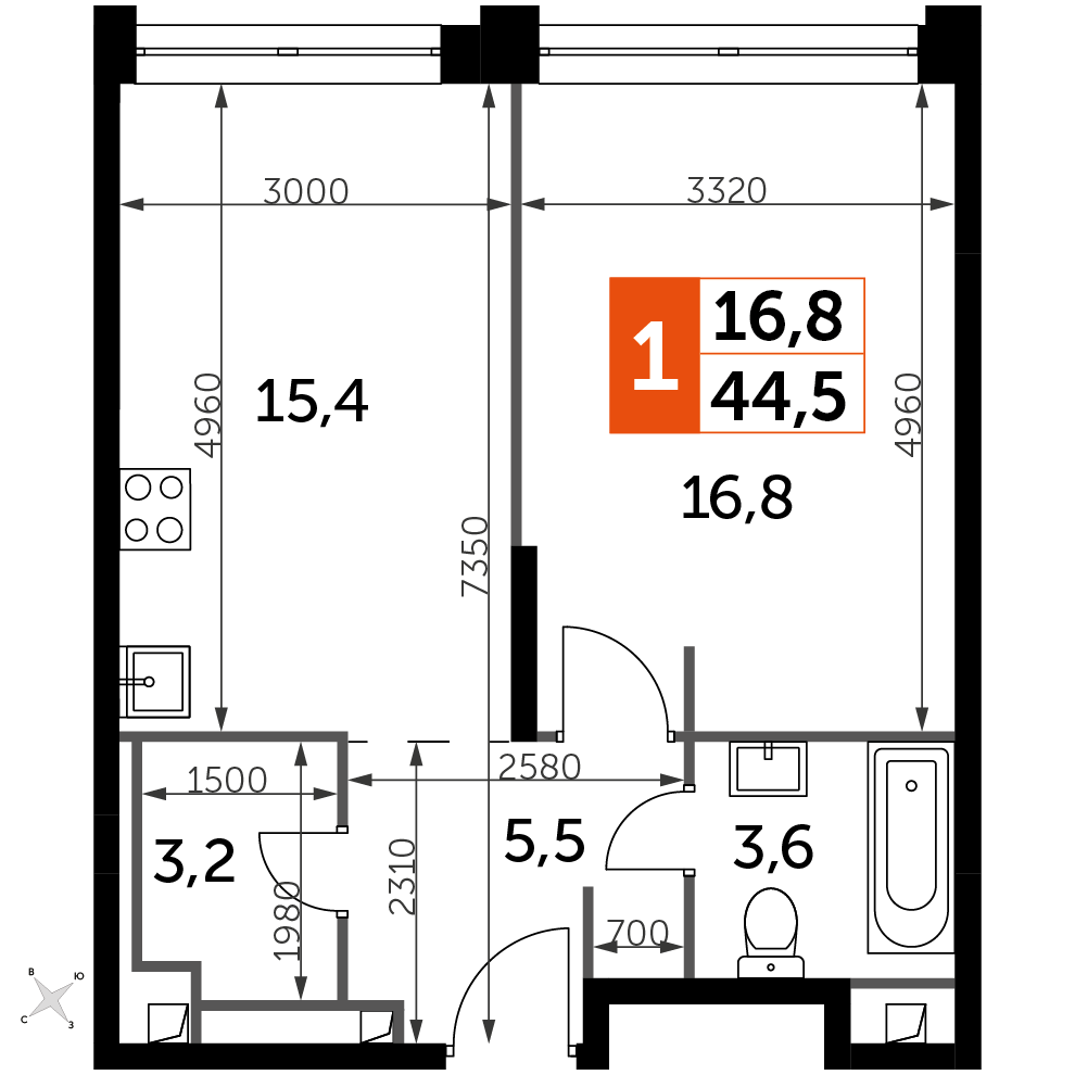 1 комн. квартира, 44.5 м², 42 этаж 