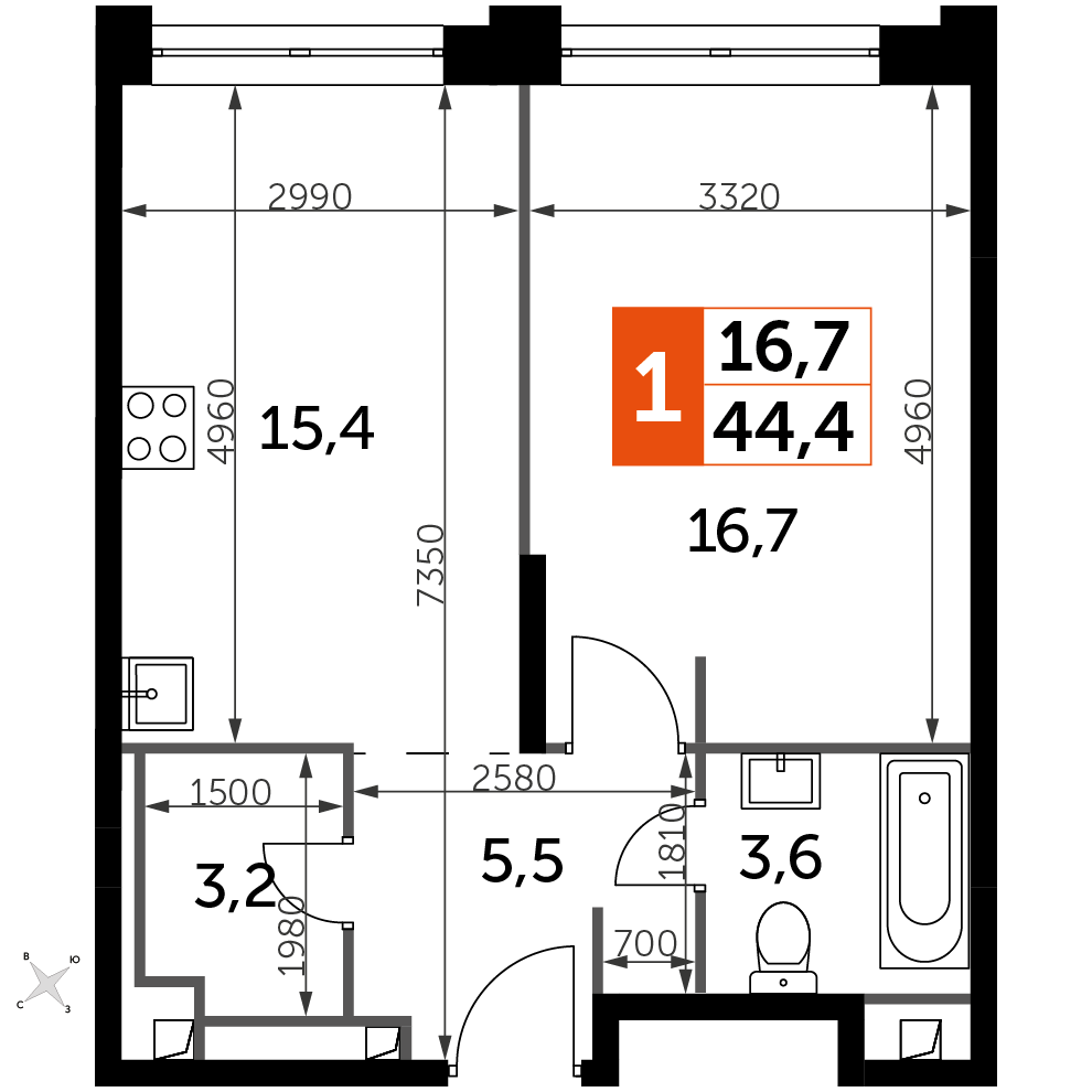 1 комн. квартира, 44.4 м², 31 этаж 