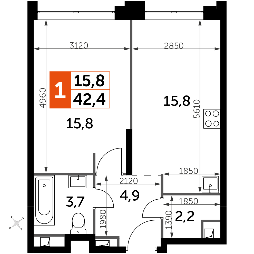 1 комн. квартира, 42.4 м², 31 этаж 