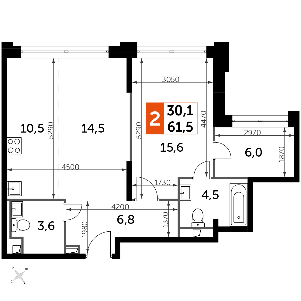 2 комн. квартира, 61.5 м², 31 этаж 