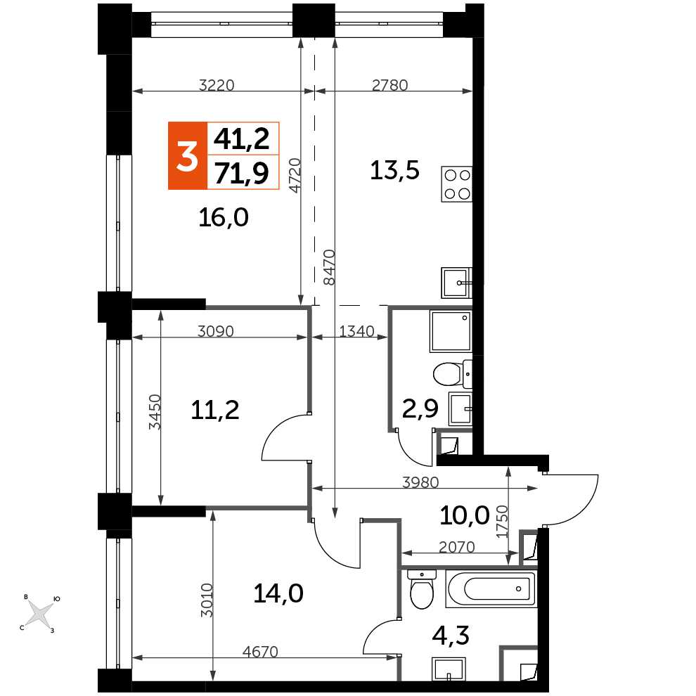 3 комн. квартира, 71.9 м², 33 этаж 