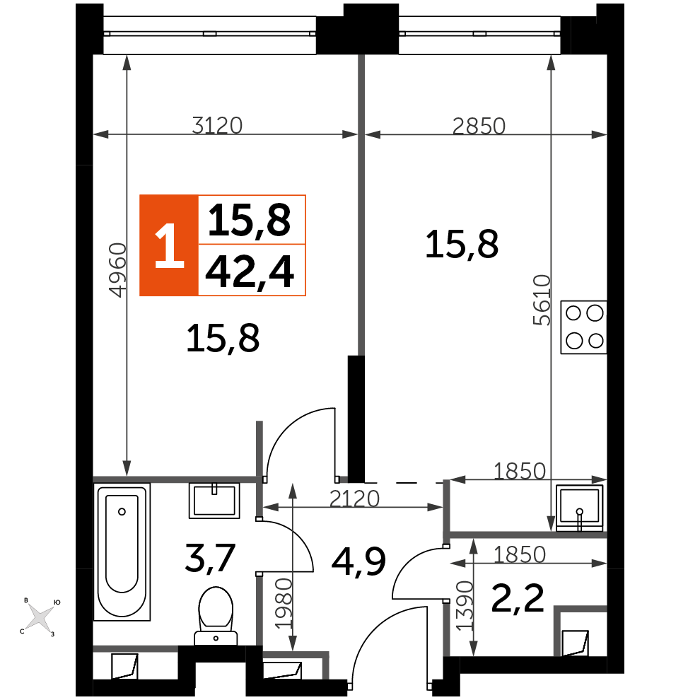 1 комн. квартира, 42.4 м², 33 этаж 
