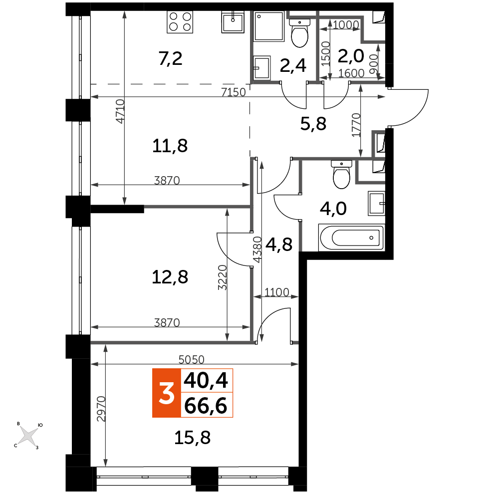 3 комн. квартира, 66.6 м², 38 этаж 