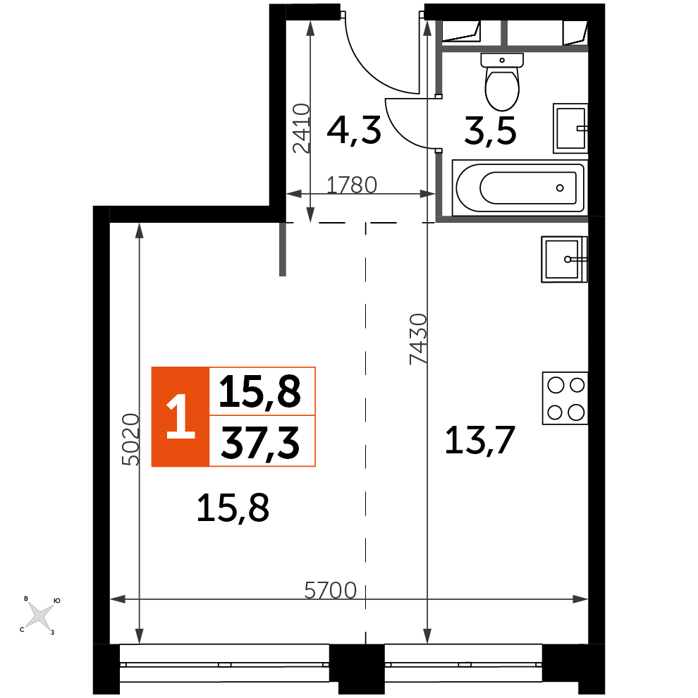1 комн. квартира, 37.3 м², 39 этаж 