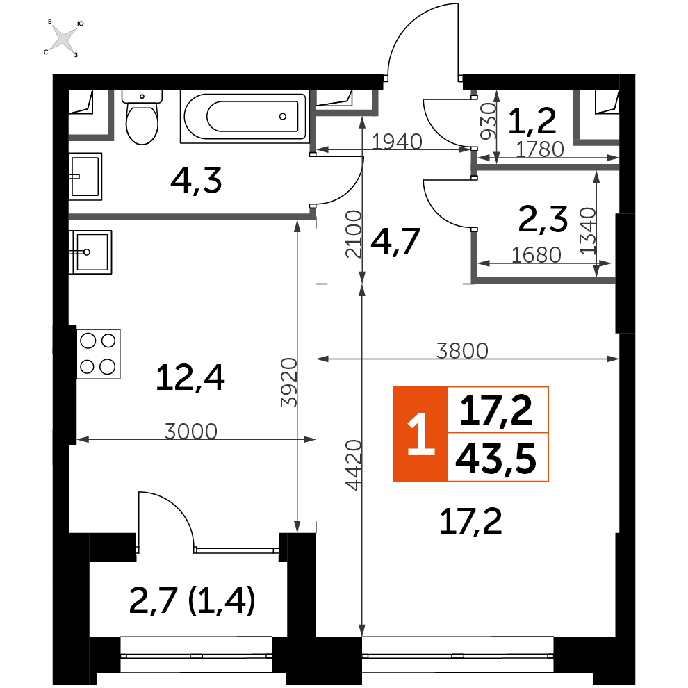 1 комн. квартира, 43.5 м², 16 этаж 