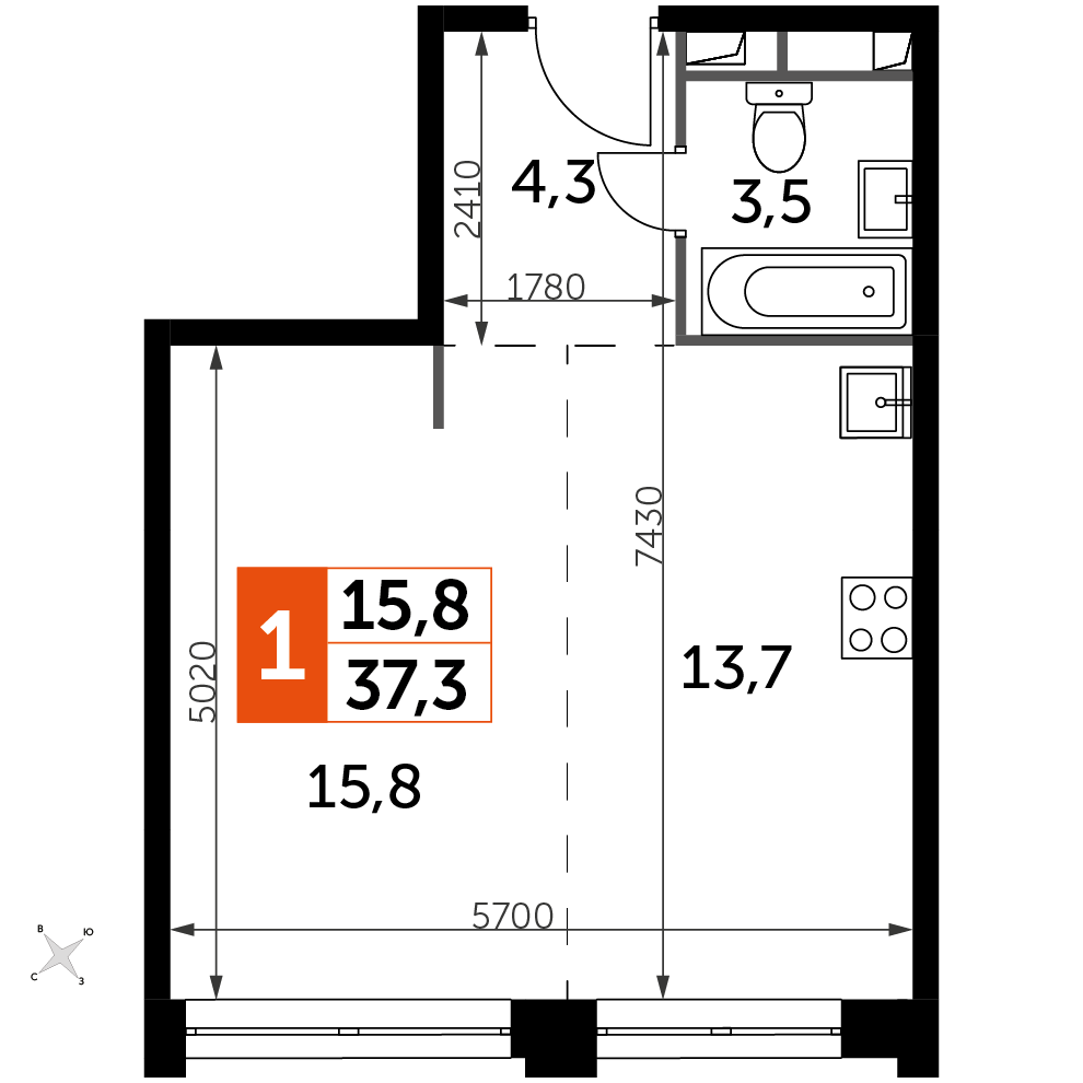 1 комн. квартира, 37.3 м², 41 этаж 