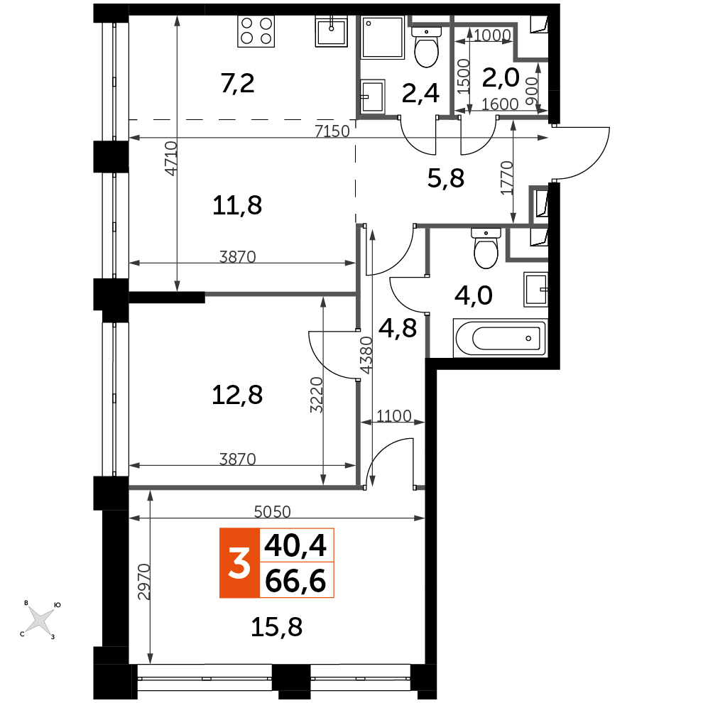 3 комн. квартира, 66.6 м², 41 этаж 