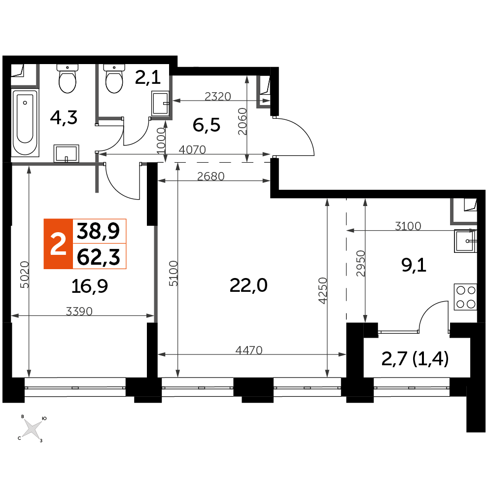 2 комн. квартира, 62.3 м², 27 этаж 