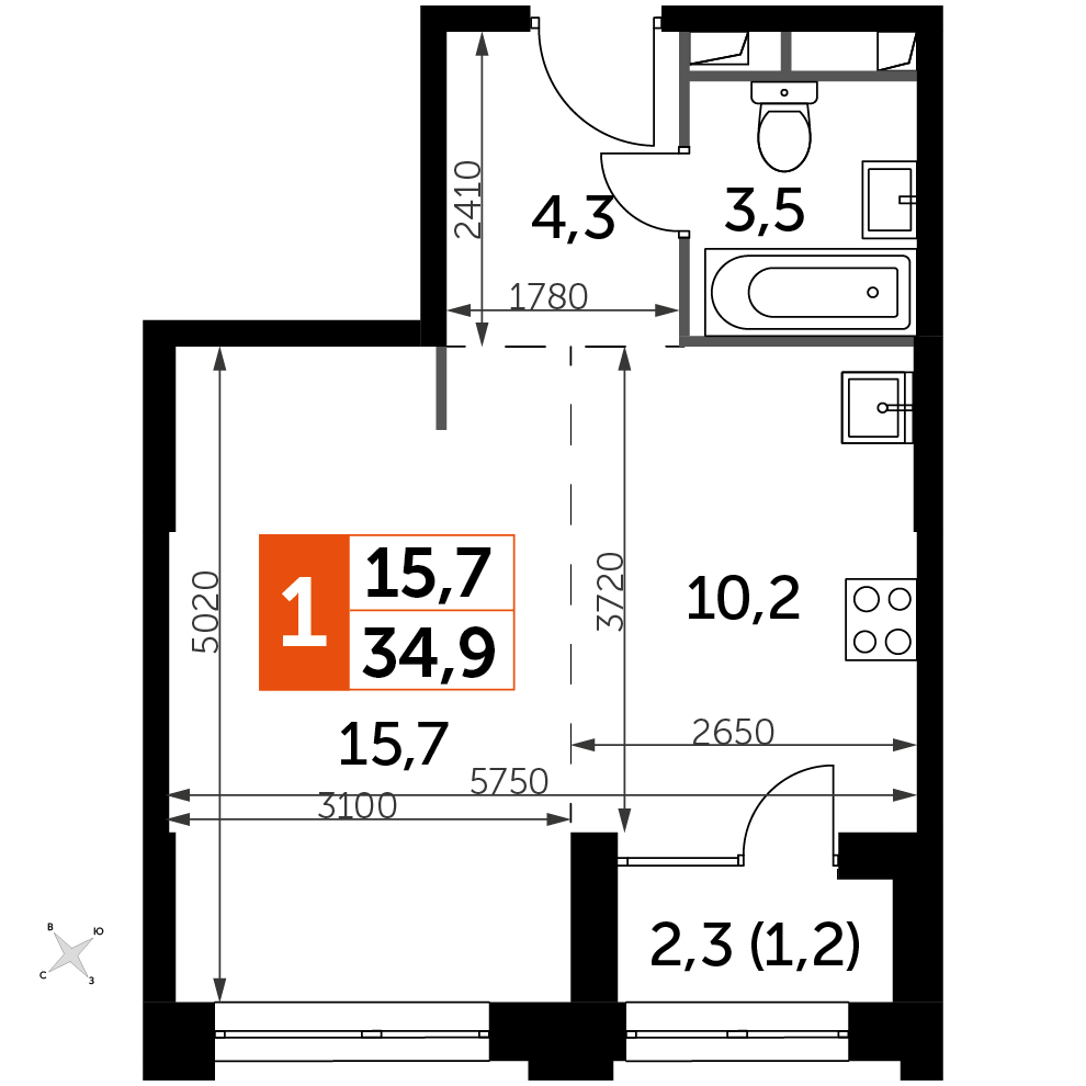 1 комн. квартира, 34.9 м², 28 этаж 