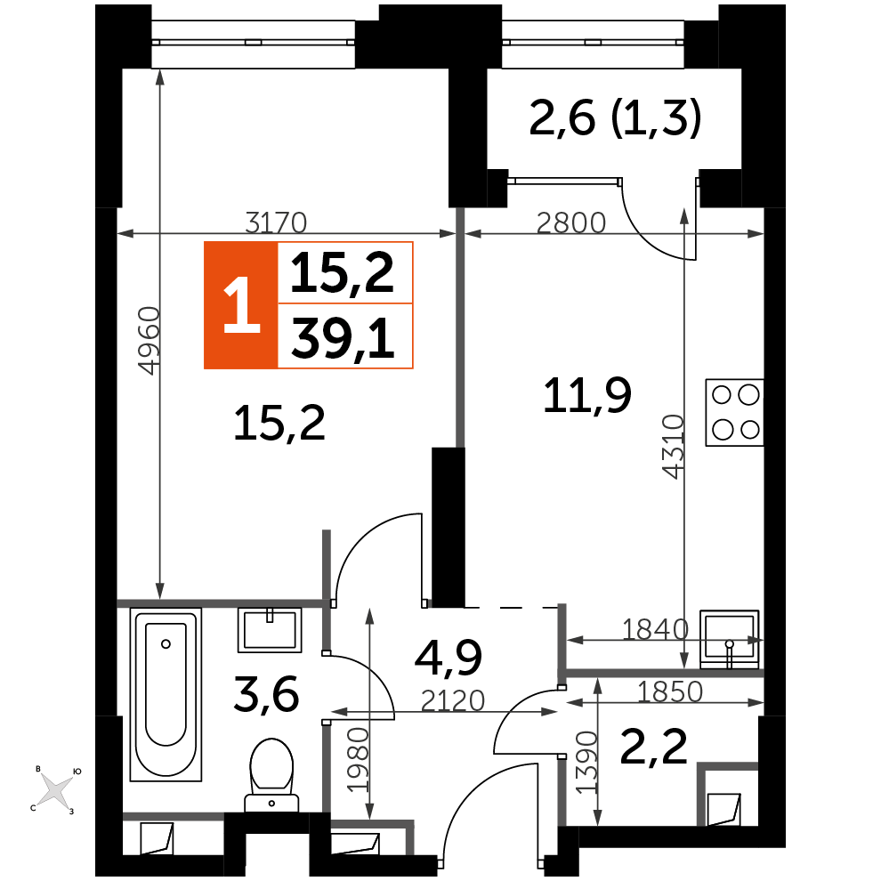 1 комн. квартира, 39.1 м², 12 этаж 