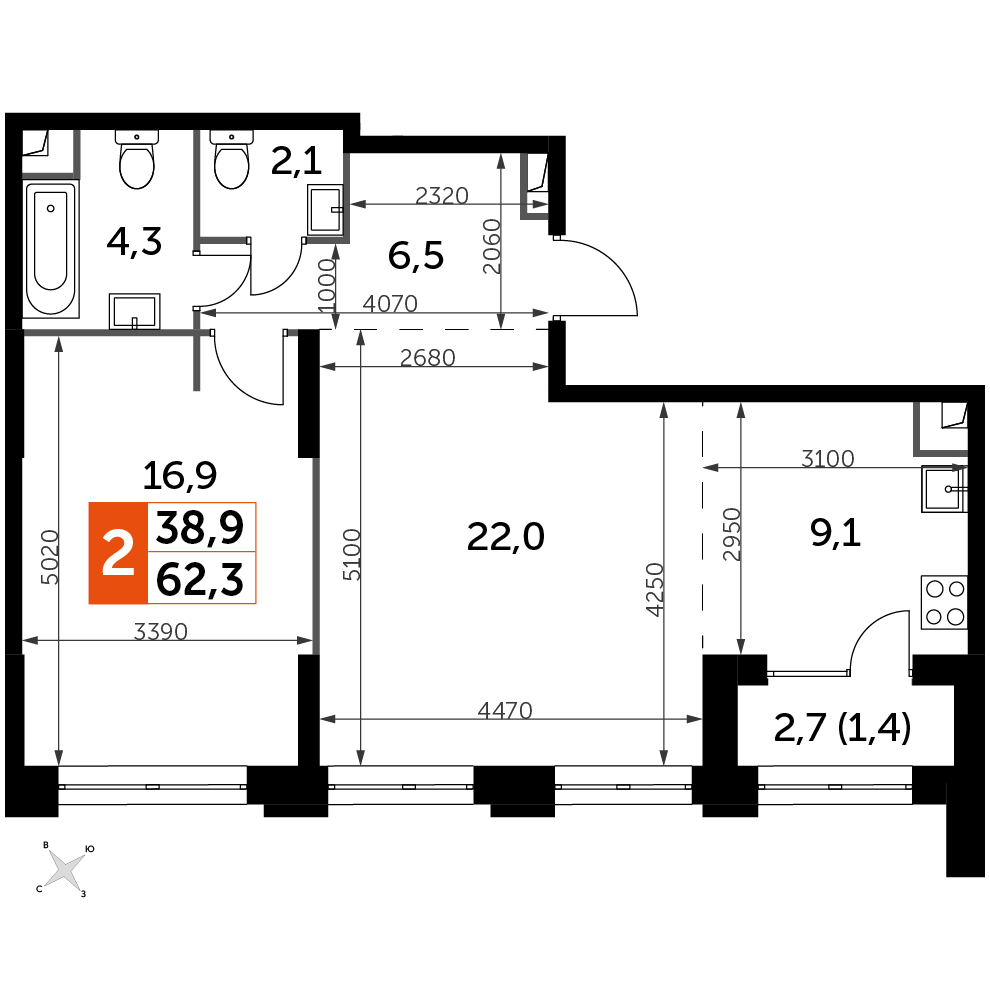 2 комн. квартира, 62.3 м², 24 этаж 