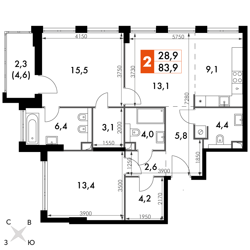2 комн. квартира, 83.9 м², 15 этаж 