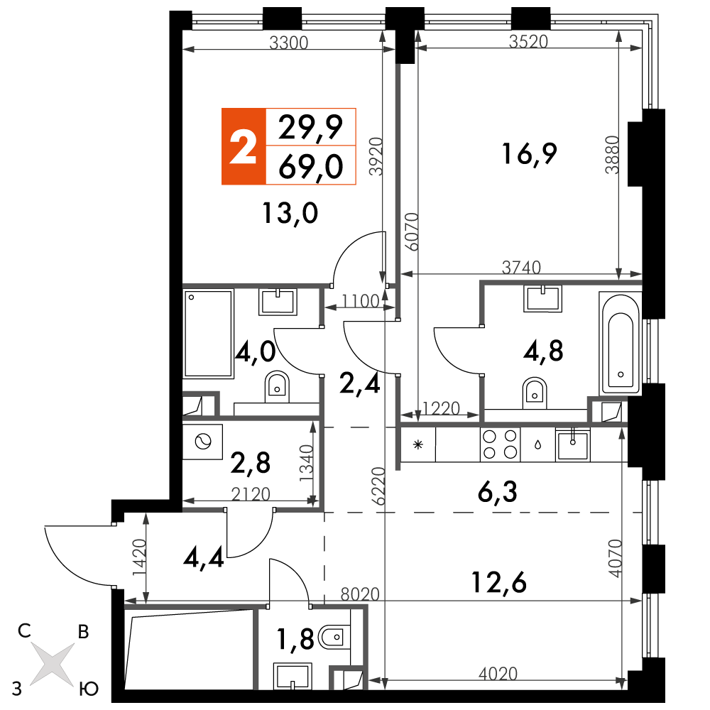 2 комн. квартира, 69 м², 22 этаж 
