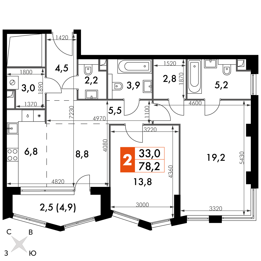 2 комн. квартира, 78.2 м², 22 этаж 