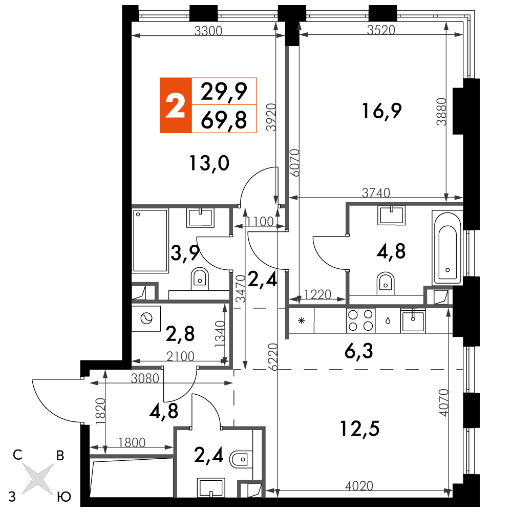 2 комн. квартира, 69.8 м², 13 этаж 