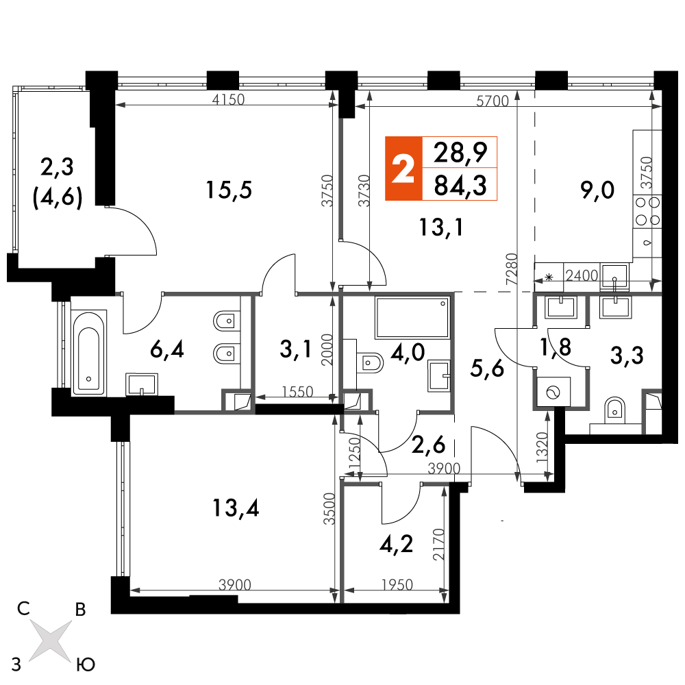 2 комн. квартира, 84.3 м², 10 этаж 