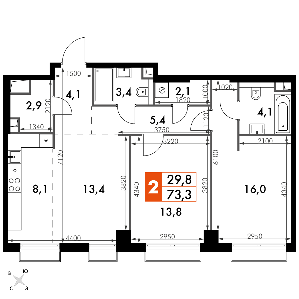 2 комн. квартира, 73.3 м², 13 этаж 