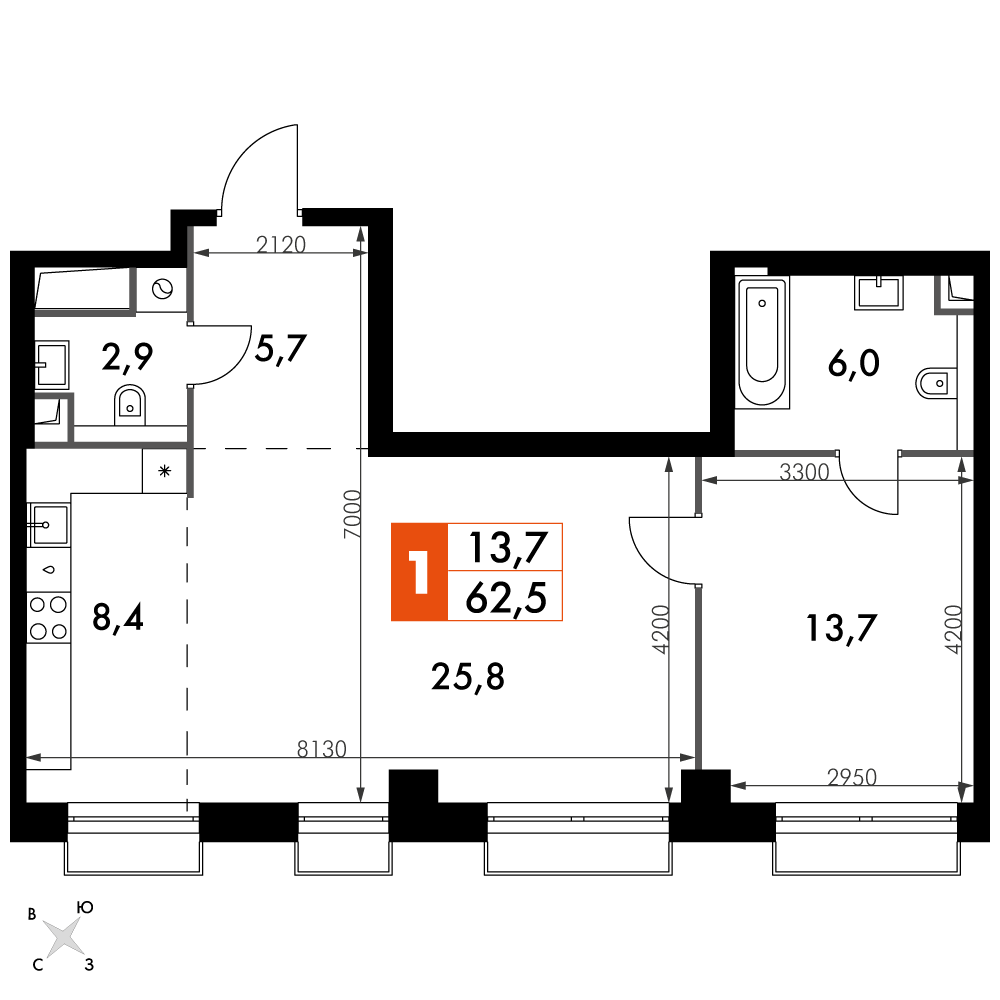 1 комн. квартира, 62.5 м², 29 этаж 