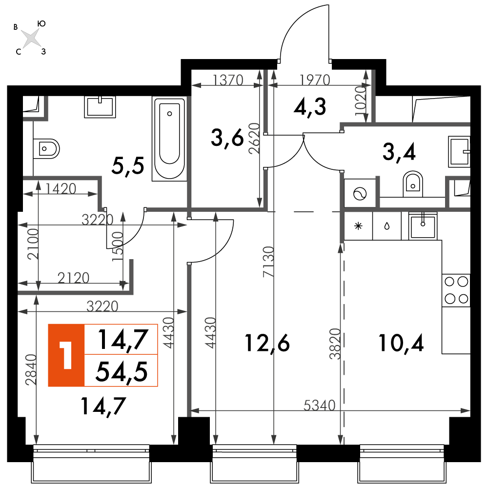 1 комн. квартира, 54.5 м², 35 этаж 