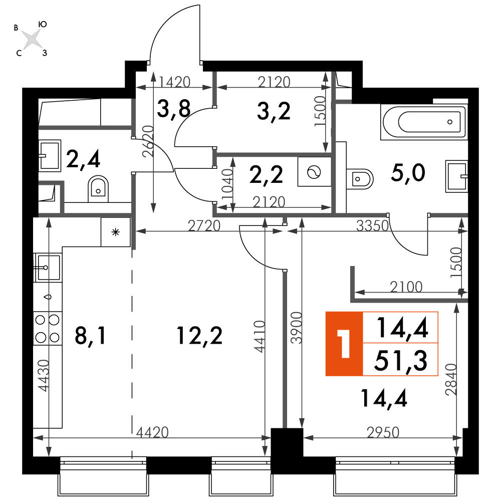 1 комн. квартира, 51.3 м², 39 этаж 