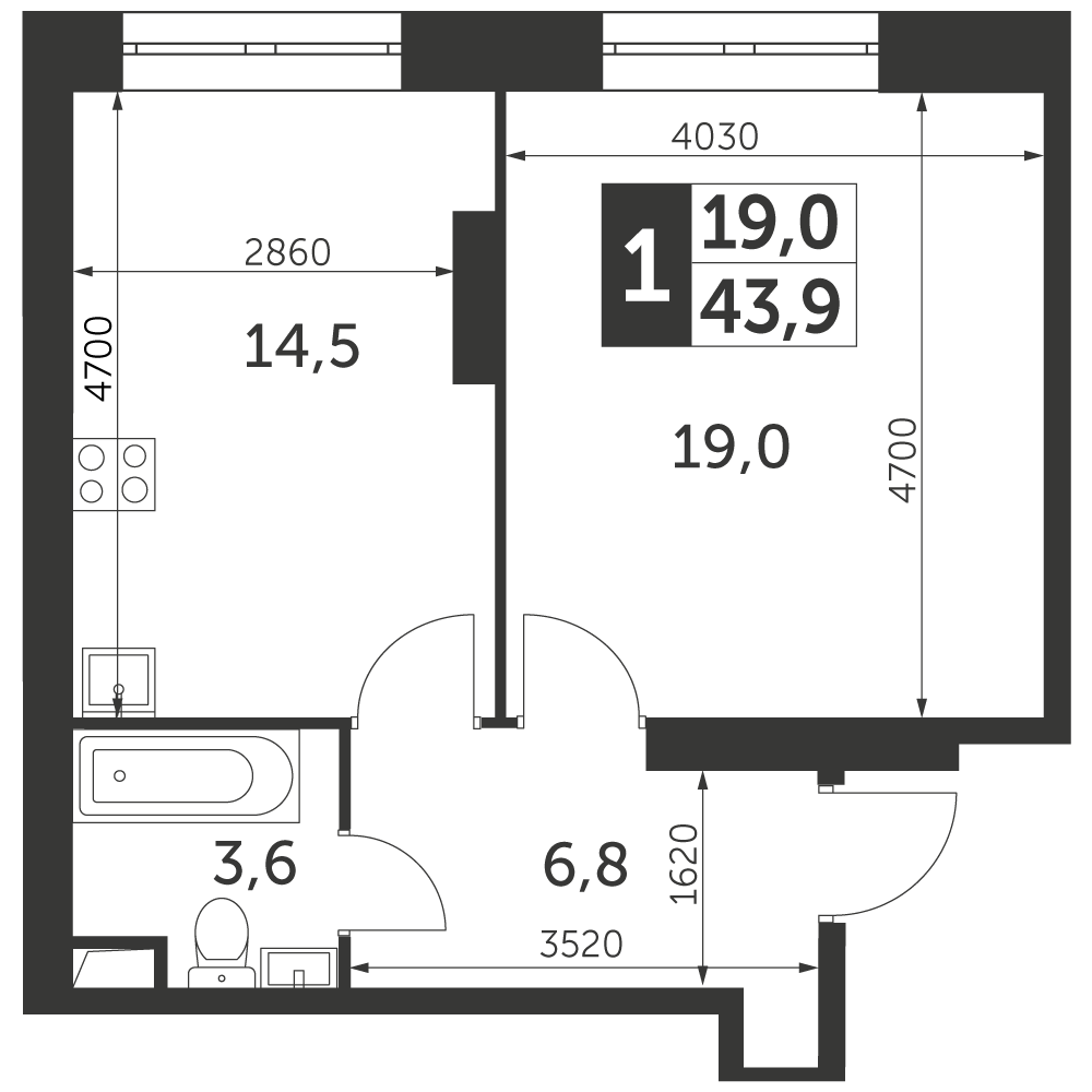 1 комн. квартира, 43.9 м², 27 этаж 