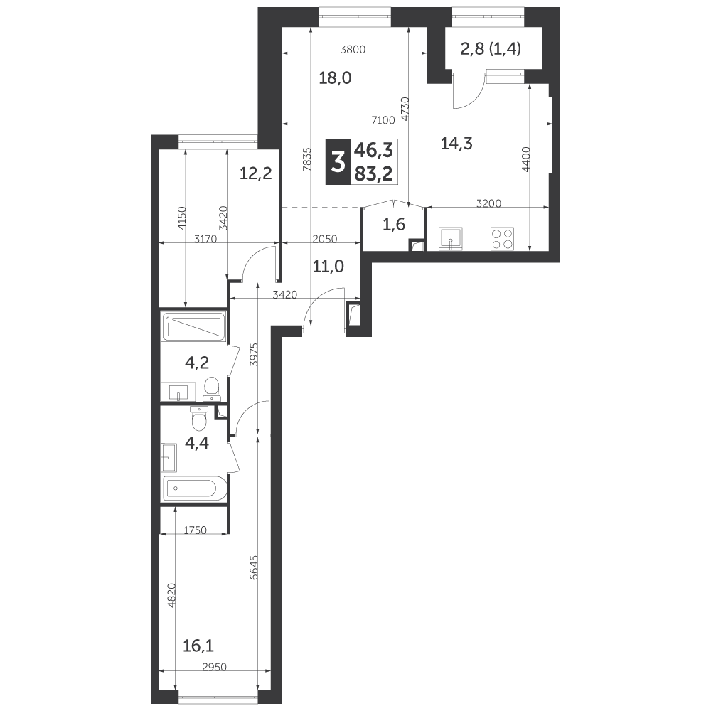 3 комн. квартира, 83.2 м², 12 этаж 