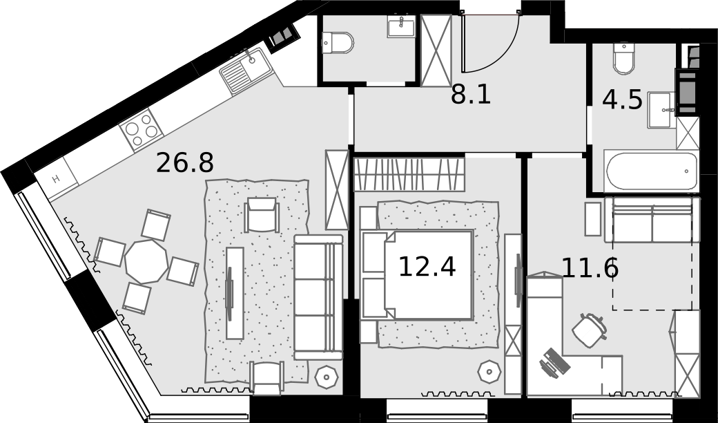 2 комн. квартира, 65.3 м², 6 этаж  (из 28)